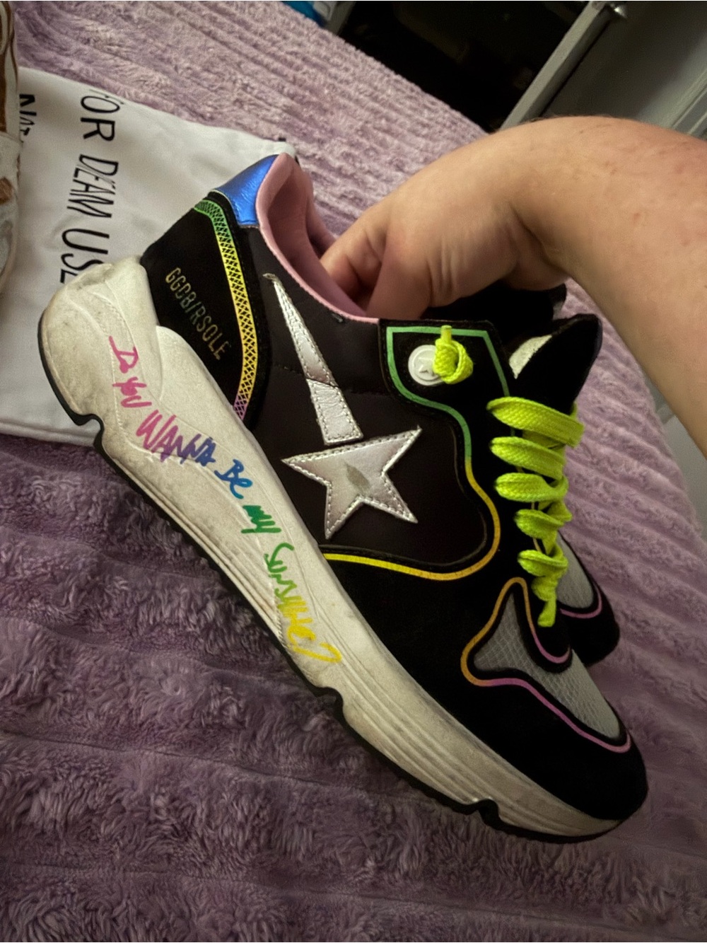Golden Goose Black Sneakers with Neon Yellow Laces and Multicolor Trim